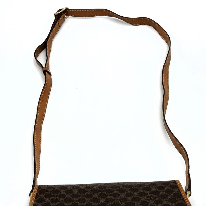CELINE セリーヌ マカダム 斜め掛け ショルダーバッグ フラップ式 PVC レザー ブラウン ヴィンテージ